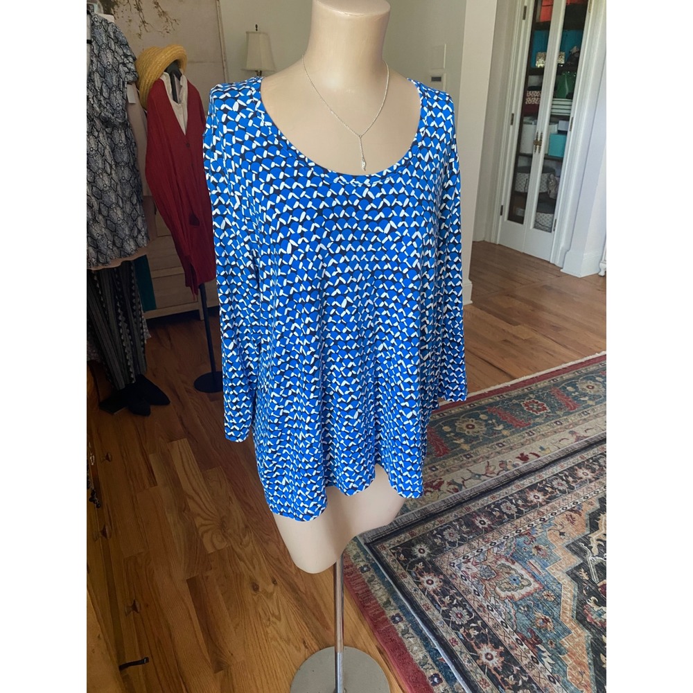 Chico's Blue White Geometric Print Scoop Neck Long Sleeve Tunic Top Size 3 XL‎